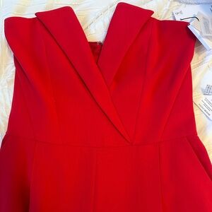 Tuxedo Belted Strapless Wide-Leg Jumpsuit – Red
